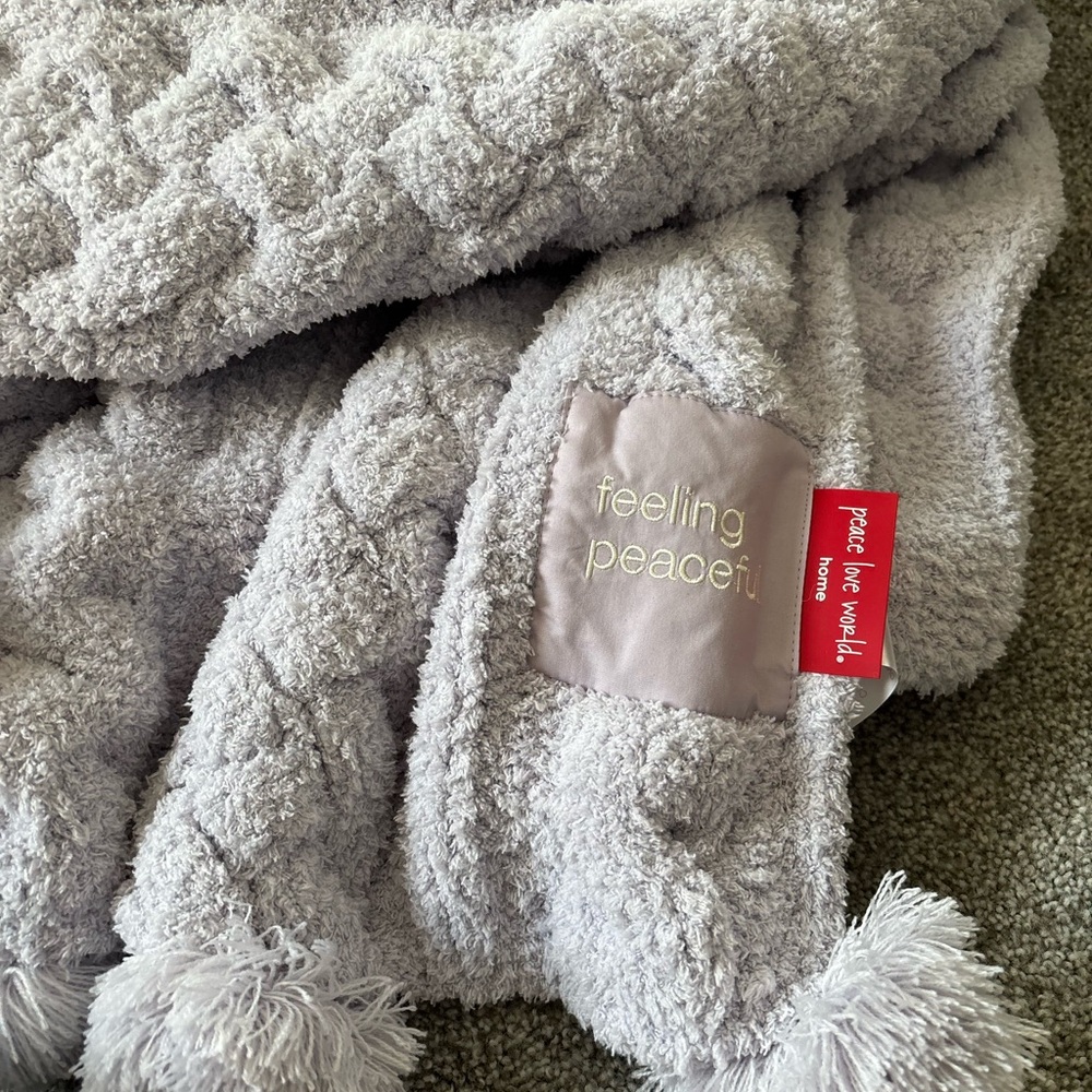 Peace Love World Cable Knit Blanket with POMS